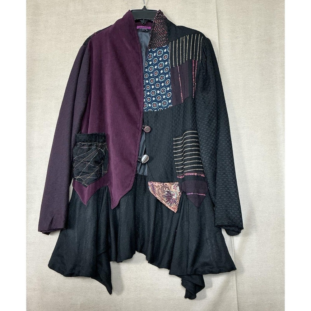 Donna Jessica Patchwork Mixed Media Peplum Jacket Black Plum Size 2 Made in USA